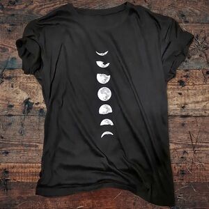 MOON PHASES T-Shirt Womens Black Boho Yoga Meditation Graphic Tee Shirt NEW